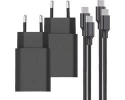 2x 25W USB C Adapters + USB-C Kabels - 2 Meter - Zwart - Power Delivery 3.0 - PPS-Fast Charging - Premium Kwaliteit & Veiligheid