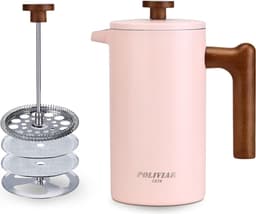 French Press koffiezetapparaat, 1 liter/8 kopjes, dubbelwandige geïsoleerde koffiepot en theekoker, handfilter, koffiepers met zuiger, houten handvat, roze — thumbnail 1
