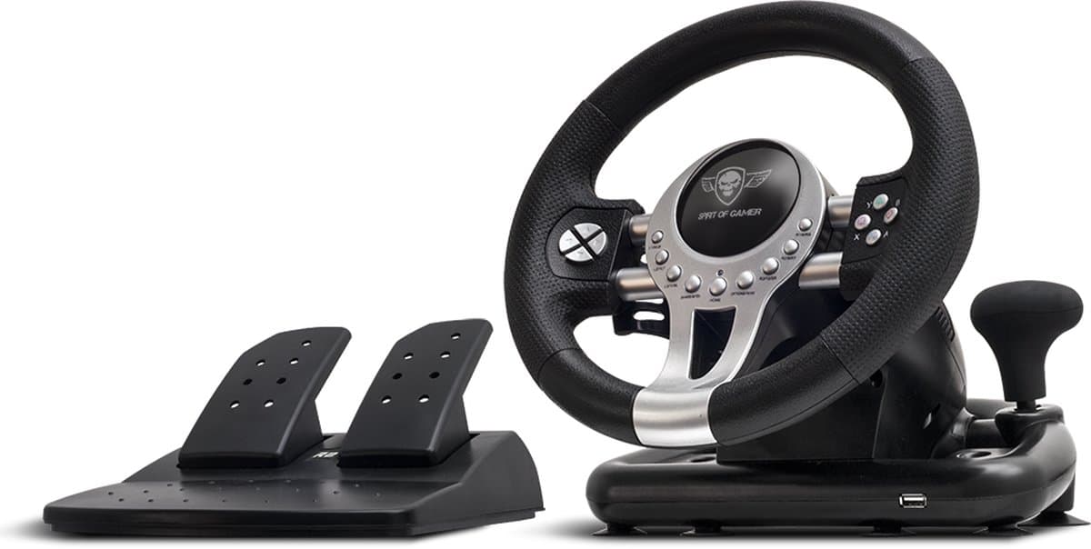 Spirit of Gamer Race Stuur – Geschikt voor PS4/PS3/Xbox One/Pc/Race Stuur – Race Stuur met Pedalen – Stevige Bevestiging – Race Stuur met Handschakelaar – 180 Graden Stuurhoek – Zwart — afbeelding 1
