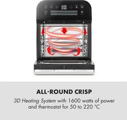 Klarstein AeroVital Cube – Heteluchtfriteuse, Airfryer zonder Olie, 50 tot 220 °C, Heteluchtfriteuse met 1600 Watt, 12 Liter Inhoud, Timer, 13 Programma’s, Zwart — thumbnail 9