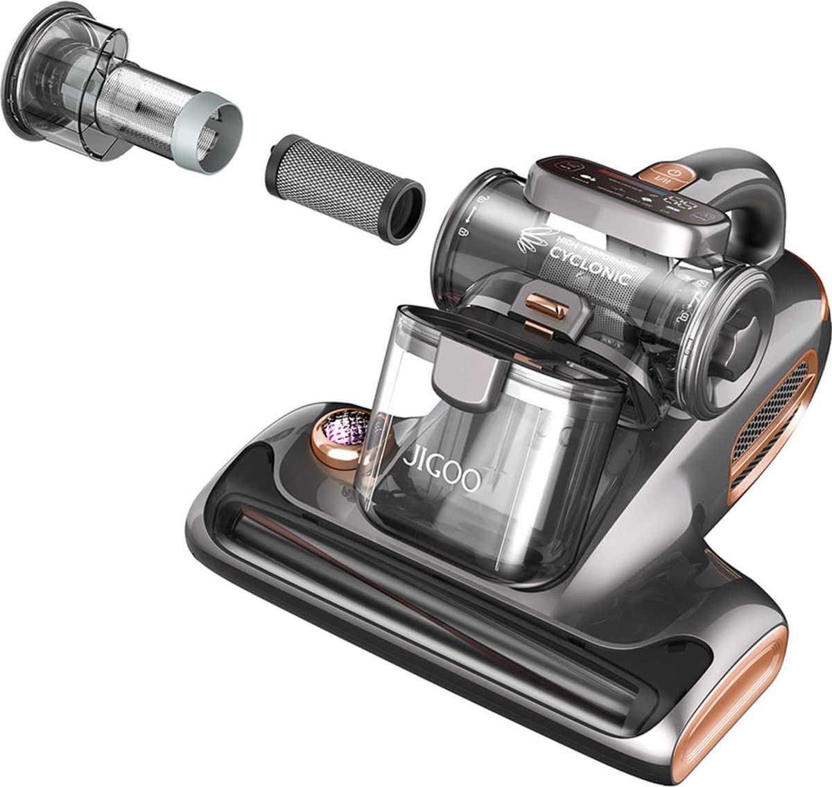 JIGOO T600 Dual-Cup Smart Anti-Mite Cleaner Bedstofzuiger, 700W 15KPa Zuigkracht, Huisstofmijt Sensor, UV-licht, Ultrasone Tech, 99,99% Mijtenverwijdering, EU-stekker - Grijs — afbeelding 1