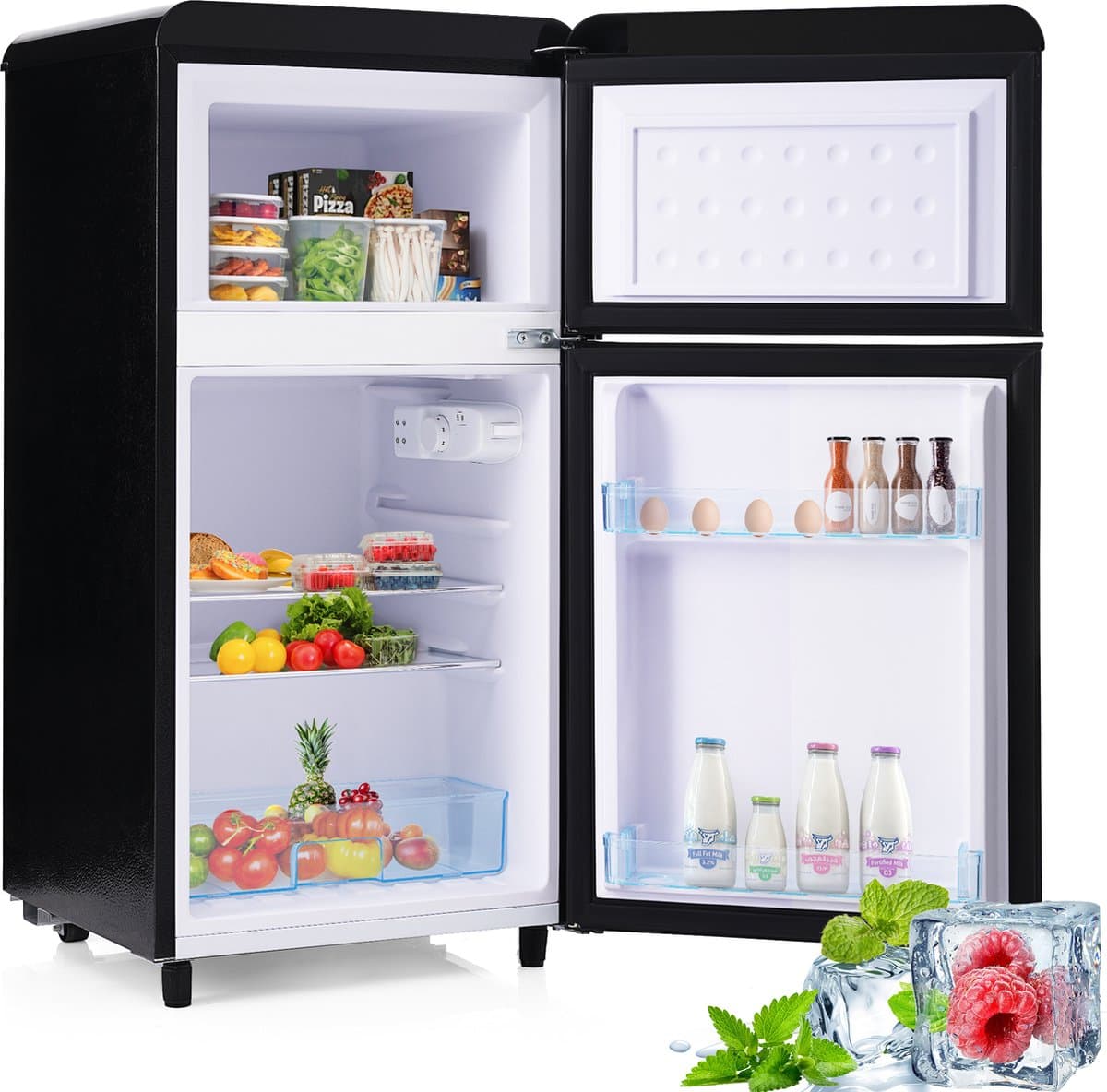 Sweiko Zwart Retro koelkast, met dubbele deur, 72-liter totaalvolume, met 21-liter vriesvolume, 120 kWh/jaar, LED-lamp [energieklasse E] — afbeelding 1