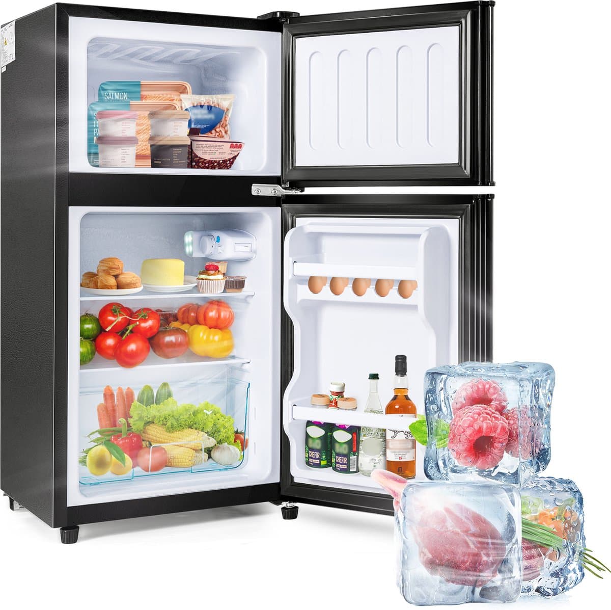 Sweiko Mini koelkast, Koel-vriescombinatie 86,8 cm hoog, 45,5 cm breed, dubbele deur, met 60-liter totaalvolume, 22-liter vriesvolume, 38-liter koelvolume. 172 kWh/jaar, LED-licht. Zwart [Energieklasse F] — afbeelding 1