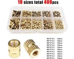 400 stuks schroefdraadinzetstuk, M2 en M3 indrukmoer, messing schroefdraadbussen, binnenschroefdraad, kartelmoeren met kunststof doos voor kunststof onderdelen door warmte of ultrasoon in 3D-printeronderdelen