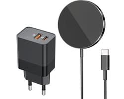 Draadloze oplader geschikt voor MagSafe - met usb C adapter 35w 2 poorten - magnetisch - qi2 - 1m - zwart