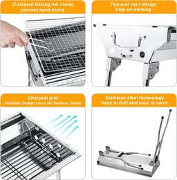 Roestvrijstalen BBQ houtskoolgrill rookgrill opvouwbaar draagbaar voor koken in de open lucht camping wandelen picknick backpacks groot zilver — thumbnail 5