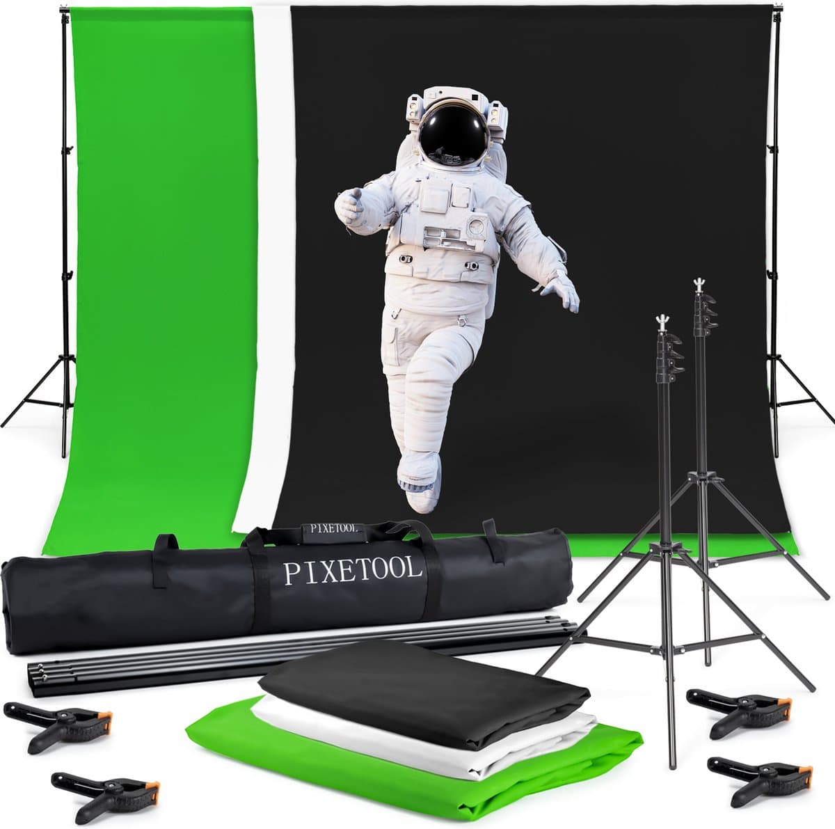 Pixetool Green Screen Doek 3 x 3M met Achtergrondsysteem 3 x 2.6M - Achtergronddoek - Fotostudio - Green Screen Studio - Greenscreens Doeken - Groen, Zwart en Wit - Inclusief 4 klemmen — afbeelding 1