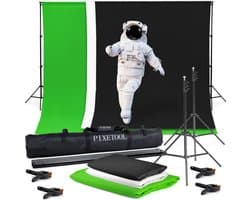 Pixetool Green Screen Doek 3 x 3M met Achtergrondsysteem 3 x 2.6M - Achtergronddoek - Fotostudio - Green Screen Studio - Greenscreens Doeken - Groen, Zwart en Wit - Inclusief 4 klemmen