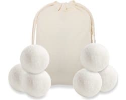 Drogerballen- 6 Stuks- Wasballen- incl. Katoenen Zak- Schapenwol- Droogballen- Wol- Eco- Wasdroger- Wasmachine- Natuurlijk