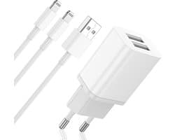 Adapter USB Stekker met 2 USB Poorten + 2x USB naar 8-PIN Kabel - Geschikt voor iPhone - 12W Opladen - Thuislader - Dual USB Poort Quick Charge - Dubbele USB-A Poort - Blokje
