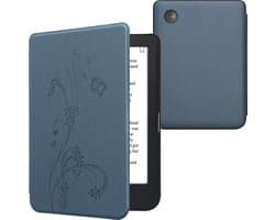 kwmobile e-reader hoesje geschikt voor Kobo Clara 2E hoes - E reader flip case met magnetische sluiting - Ereader cover - Stengels en Vlinder design in donkerblauw