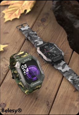 Belesy® Covert - Smartwatch Heren –Horloge – Navigatie - Stappenteller – Calorieën - Hartslag – Sporten - Je eigen foto als wijzerplaat - Kleurenscherm - Full Touch – Groen camouflage – Siliconen - Moederdag — thumbnail 4
