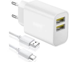 Oplaadstekker + USB C naar USB A Kabel - 12W/2.4A - 2 Meter - Wit - Oplader Lader Stekker Oplaadkabel Snoer