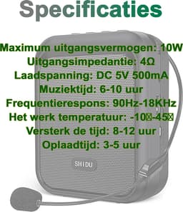 SHIDU Mini Stemversterker Draagbare Oplaadbare Bluetooth - Luidspreker met Bedrade Microfoon Headset 10W 1800mAh PA-Systeem Ondersteunt MP3 Formaat Audio voor Leraren - Zang - Coaches - Training - Gids — thumbnail 2