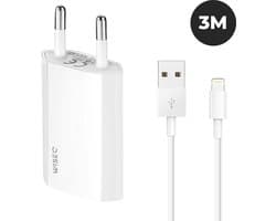 WiseQ Premium iPhone Oplader - USB Oplader naar Lightning - 3 Meter - Apple iPhone 14 / 13 / 12 / 11 / X - Wit