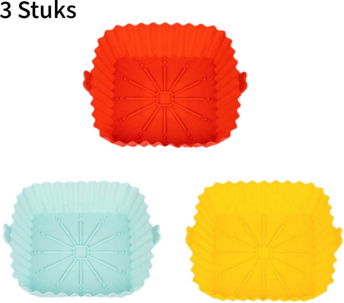 3 stuks - vierkante siliconen airfryer bakplaat - hittebestendig en herbruikbaar - bakken en grillen zonder plakken - verdikte antislip rand - makkelijk schoon - rood/geel/blauw — afbeelding 1
