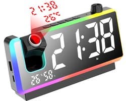 Wekker met projectiefunctie voor de slaapkamer, digitale klok met 180° projector, led-display, dubbele alarmen, temperatuur- en vochtigheidsweergave, dubbele USB-poort, voor diepe slapers