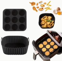 Set van 2 siliconen inlegvellen en muffinvorm voor airfryers-Herbruikbare anti-aanbak bakvormen met cupcake- en vierkante vormen, geschikt voor Instant Pots en airfryer ovens, gemakkelijk te verwijderen en schoon te maken, compatibel met mini quiches — thumbnail 2