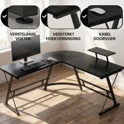 Bayt Hoekbureau - Bureau - Game Bureau - Gaming bureau - L vormig bureau - Computertafel - Zwart - 129 x 129 x 74 cm — thumbnail 4
