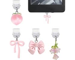 4 stuks Roze Strik Stofplug Charms voor Oplaadpoort USB C E-reader Telefoon