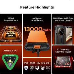 DOOGEE Fire 7 Robuuste Smartphone - IP68/IP69K Outdoor Telefoon - Dual SIM 5G - 16GB RAM - 256GB ROM - 13000mAh 18W - Android 15 - 6,6 inch - 64MP AI-camera - NFC, GPS, OTG - Zwart — thumbnail 10