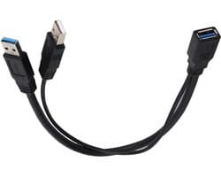 USB Verlengkabels - Dubbele Stekker Adapter - Externe Harde Schijf - Extra Voeding Poort - 30cm Lengte - Zwart