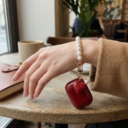 Wijnrood glanzend hoesje voor oordopjes dames met parel polsband en hart hanger geschikt voor AirPods Pro 2 hardcase met goudkleurige clip — thumbnail 4
