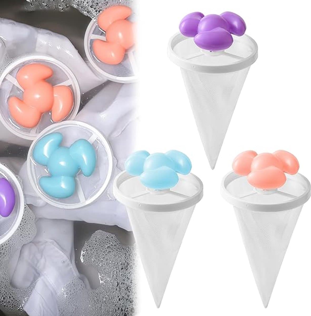 3 Stuks Drijvende Haar Filtering - Wasmachinehaarfilterzakken - Drijvend Haarfilter - Herbruikbaar - Wasmachinepluizenverzamelaar - Huisdierhaarverzamelaar - Lint Mesh Zakken - Wasmachinefilter - Paars, Blauw, Roze — afbeelding 1