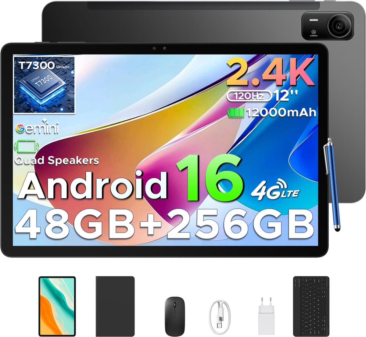 POCKAM P12 Pro - Tablet - 48GB RAM (12+36GB) + 256 GB ROM (2 TB/TF) - 12 Inch 2K 120Hz IPS - Android 16 - 12000mAh/18W - 4G LTE - Wi-Fi 5 - Bluetooth 5.0 - T7300 - Quad Speakers - Volledige accessoirebundel met toetsenbord en stylus-Zwart — afbeelding 1