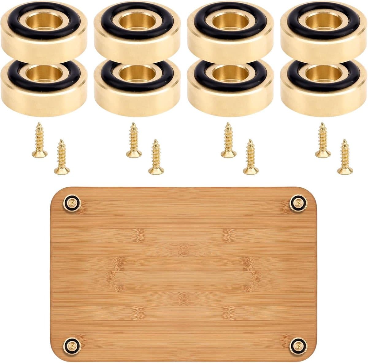Audio-isolatievoetjes - Voetjes voor snijplanken - Goudkleurige antislip-accessoireset - Inclusief antislipmatjes, siliconenrubberen voetjes en schroeven - 8-delige set - Geschikt voor keukenmeubilair, stoelen, kasten en elektronische apparaten — afbeelding 1