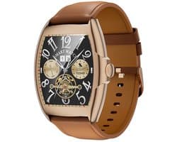 WizBay Premium Select® 2D Curved 1.77inch IPS Screen Elegante Smartwatch Dames Heren AMOLED - Android en iOS - Bluetooth Call - 02 Zuurstof - Dynamic Hartslag & Slaap Monitor - Message - Magnetic Laden - Smartwatches - Goud Bruine Lederen Band