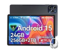 TABWEE Tablet - W90 Tablet - 8000 mAh - 11 Inch - 24GB RAM - 256GB ROM - met over-Ear hoofdtelefoon - Android 16 - WiFi 6 - Dubbele Simkaart - NETFLIX - Grijs