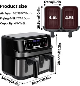 Digitale Airfryer - PFAS vrij - Groot 9 Liter - Heteluchtfriteuse - Zwart - Digital screen - 8 Voorinstellingen - Inclusief in hoogte verstelbaar Grillrack - 2 onafhankelijke 4,5L lades - met LED-touchscreen — thumbnail 4