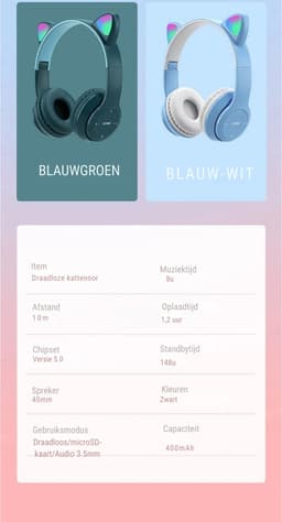 DrPhone Draadloze Kattenoor Koptelefoon Met Microfoon – Bluetooth 5.0 – RGB LED verlichting – MicroSD ingang + Aux 3.5mm + Ingebouwde batterij 400Mah — thumbnail 2
