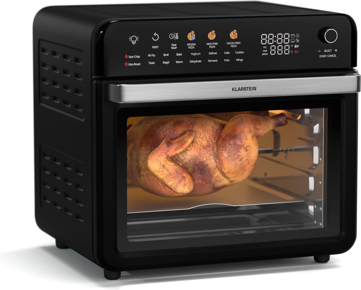 Klarstein Airfryer AirGlaze Digitale Heteluchtfriteuse – 34 L, 2200 W, 19 Programma’s, Rotisserie, Touchdisplay, 40–350 °C, Pizzasteen & Grillroosters, Dubbel Glasdeur, Zwart - voor Keuken - Timer - Heteluchtoven — afbeelding 1