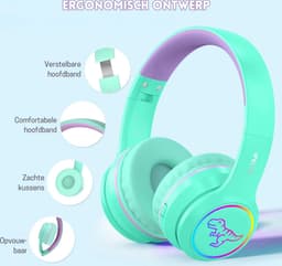 StayPowered Kinder Bluetooth Hoofdtelefoon - Perfect voor School & Reis - Veilig Volumeniveau - Heldere Geluidskwaliteit - met LED - Draadloos & Bekabeld - Versterkt Materiaal - Lange Batterijduur - Groen/Paars - Levering Sneller dan Aangegeven! — thumbnail 3