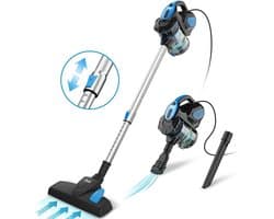 Inse - Steelstofzuiger met draad - 3 in 1 Stofzuiger zonder zak - Handstofzuiger met snoer en steel - 3 verschillende opzetstukken - 600W - Blauw - 18Kpa