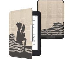 kwmobile e-reader hoesje geschikt voor Amazon Kindle Paperwhite hoes - E reader flip case met magnetische sluiting - Ereader cover - Meisje met boeken design in zwart / beige