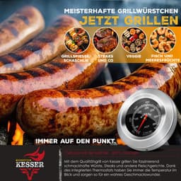 KESSER® Houtskoolbarbecue XL Barbeque Houtskool met Deksel, Wielen, Roestvrij Stalen Handvat, Barbecuerooster en Thermometer, 8 Spiesen met Zakje & siliconen Borstel, grote BBQ Camping Terras Tuin — thumbnail 4