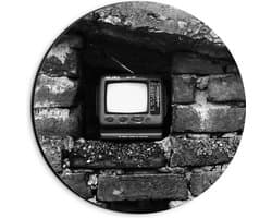 Dibond Muurcirkel - Ouderwetse Televisie in de Muur (Zwart-wit) - 20x20 cm Foto op Aluminium Muurcirkel (met ophangsysteem)