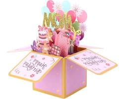 3D Verjaardagskaart voor Moeder met Kleurrijke Ballonnen en Vuurwerk, Creatieve Pop-Up Groetkaart en Envelop voor een Feestelijke Verjaardag