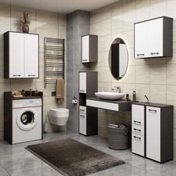 Badkamerkast voor Wasmachine FIN / Hoge Wasmachinekast met 2 Deuren / AKORD Furniture Factory / Grafietgrijs - Wit / 64 x 180 x 30 cm — thumbnail 3