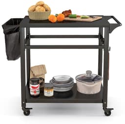 Buitenkeuken op Wielen – BBQ Trolley – Met Opbergkast & Planken – Werktafel voor Buiten – Hout & Metaal – Multifunctioneel – Zwart — thumbnail 1