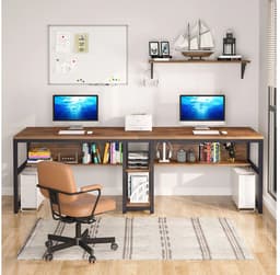 Van Elmont Bureau - Dubbel Lang Bureau voor twee personen met opbergruimte - Computerbureau - Computertafel - Metaal / Hout - Industrieel Design - Bureautafel voor Thuiskantoor - Bruin - 60 x 200 x 75 cm - voor Gamen - Studeren en Werken — thumbnail 4