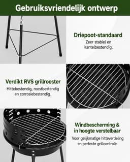 Homelux Draagbare houtskoolgrill - Met windscherm - BBQ - Hoogte verstelbare - Driepoot campinggrill voor tuin - Balkon en buitengebruik — thumbnail 4
