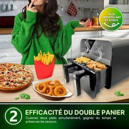 Airfryer Dubbele Mand - Heteluchtfriteuse Gezond Koken - Gezinsmaaltijden Bereiden - Twee Gerechten Tegelijk - 9 Liter - Zwart — thumbnail 3