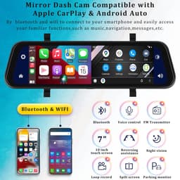 Achteruitkijkspiegel-dashcam - met draadloze Apple CarPlay- en Android Auto-functionaliteit - 9,66 inch - 4K-resolutie - IPS-touchscreen - dual-screen dashcam - Bluetooth + AHD-achteruitrijcamera - wifi — thumbnail 4