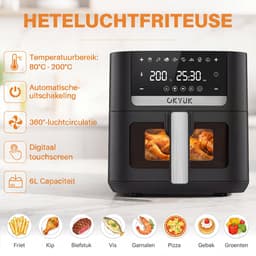 OKYUK Airfryer / Heteluchtfriteuse 6L - BPA vrij - Met Kijkvenster - Digitaal Touchscreen - 8 Voorgeprogrammeerde Menu's - 1200W - Anti-aanbaklaag - Zwart — thumbnail 2