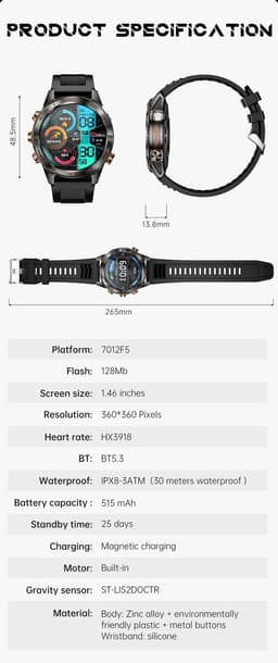 Knobbout Smartwatch 1.46" (3,7 cm) met Krachtige Zaklamp & UV Licht – 3ATM Waterdicht | Bluetooth Bellen | 515mAh Lange Batterij | Sport & Gezondheid Tracker | Full Metal Design - Zilver — thumbnail 2