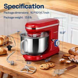 Keukenmachine 5,7L - 1500W Staande Mixer - 10 Snelheden - Met Spatdeksel - Rood — thumbnail 2